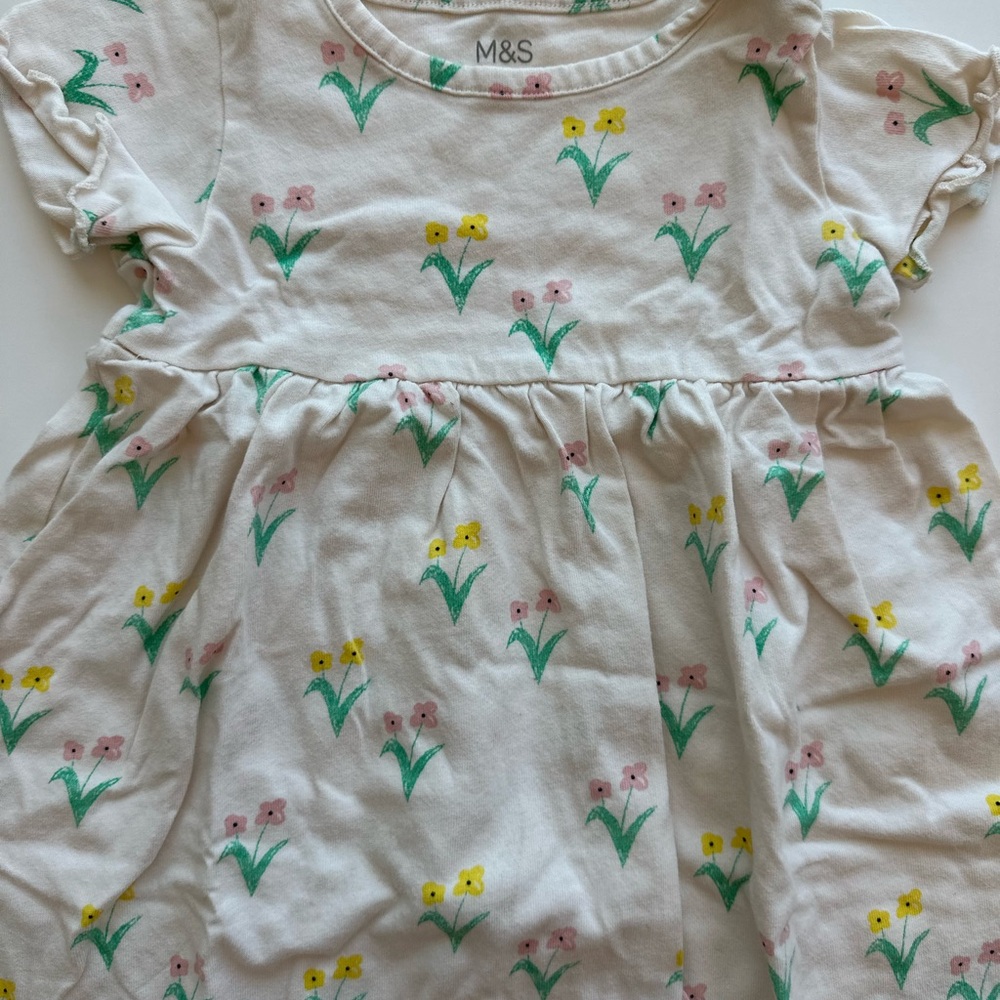 Marks & Spencer Floral Kids Dress - Cream with Green and Yellow